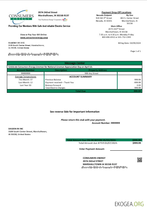 Modèle de facture de services publics d'entreprise USA Iowa Consumers Energy aux formats Word et PDF